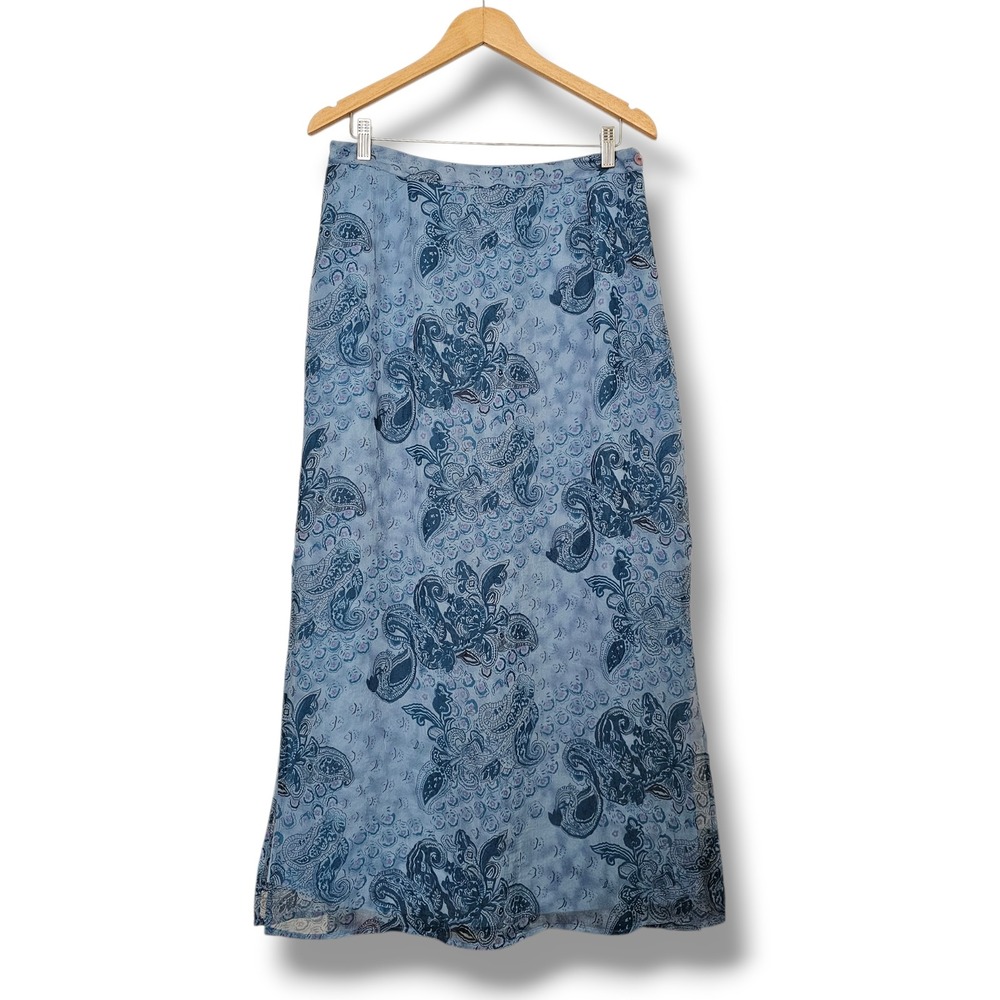 Vtg 90s Style & Co Maxi Skirt 14 Blue Paisley Floral Chiffon Slits Boho Cottage